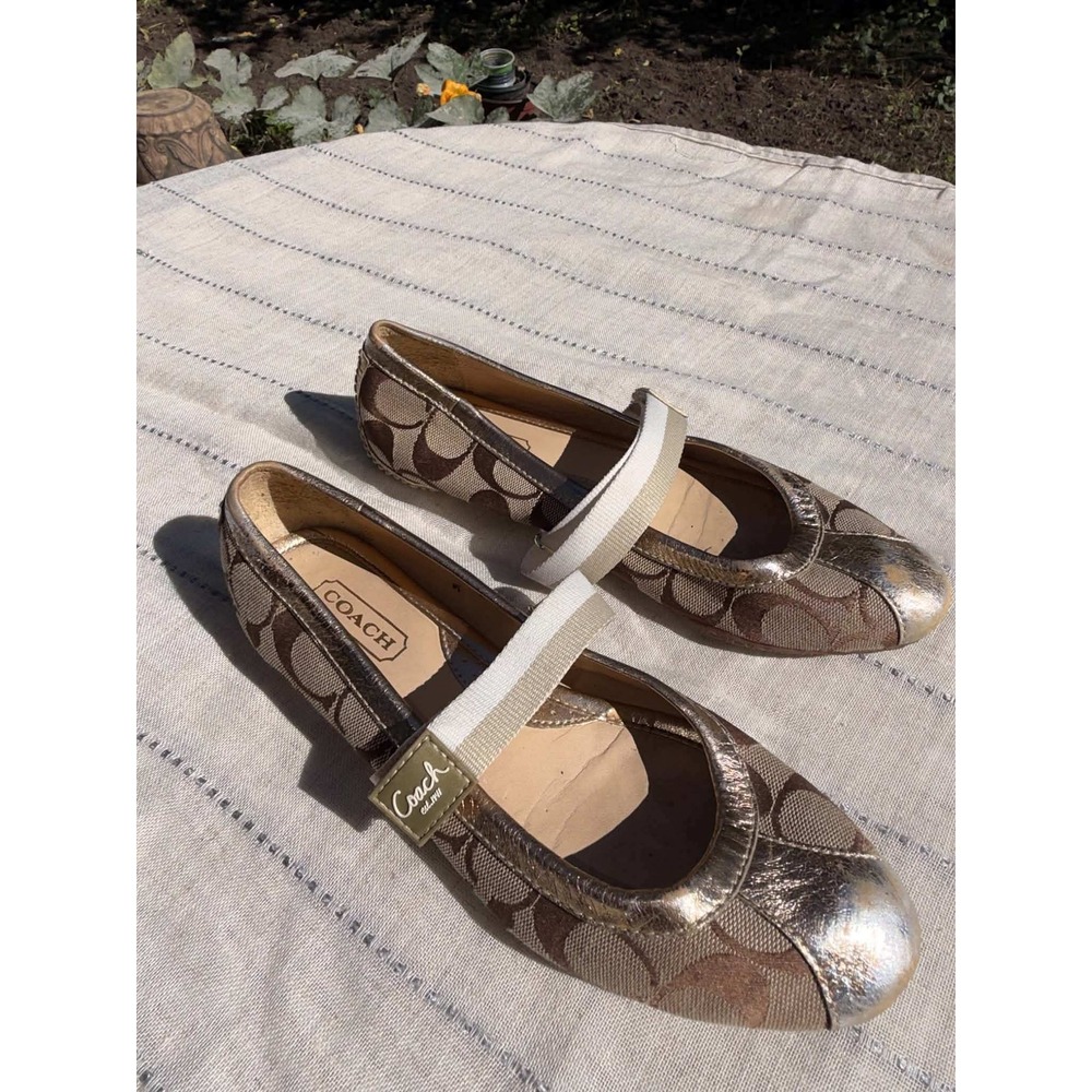 Coach Janey Signature Monogram Gold Metallic Mary Jane Ballet Flats Size 5.5M